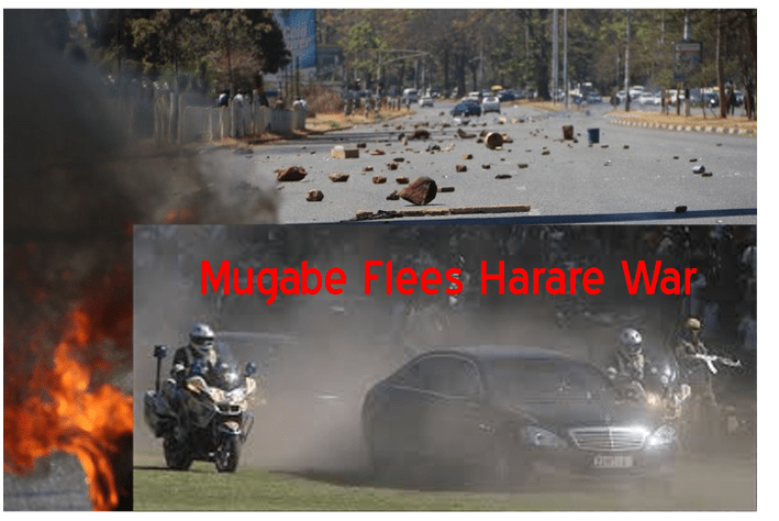 Mugabe passes through fire storm, flies out while Harare burns