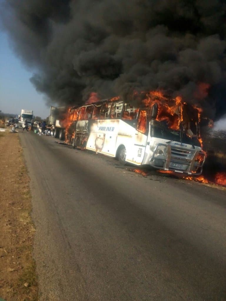 PICTURES: Proliner Bus in road accident, Catches fire, Burnt to ashes in Zimbabwe