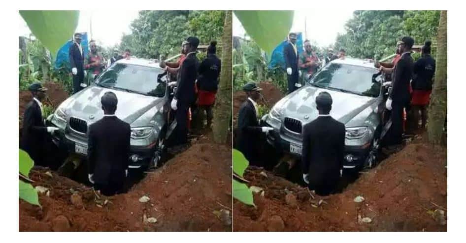 Image result for Nigerian man has buried his father in a brand new BMW instead of a coffin i