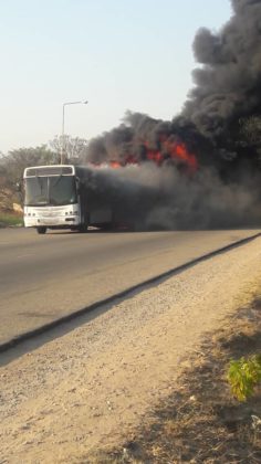 PICTURE: Zim govt bus burning along Seke Road in Harare yesterday