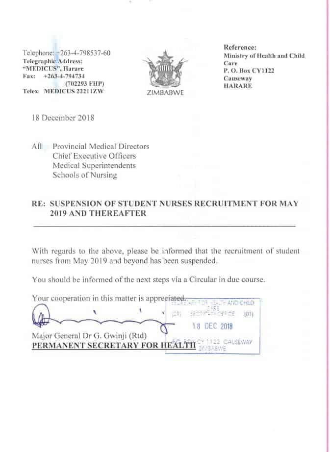 LATEST: Mnangagwa’s government suspends recruitment of student nurses in 2019