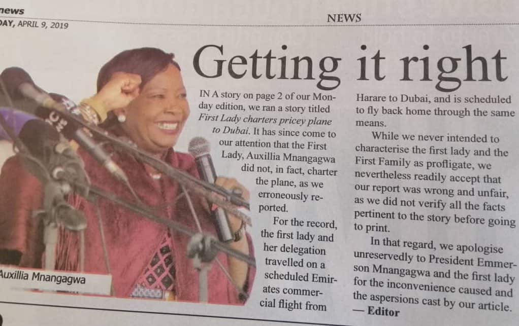 Auxilia Mnangagwa Never Chartered A Pricey Plane To Dubai…Daily News Apologises Over ‘Fake’ Story