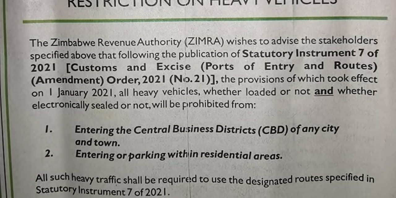 JUST IN: Heavy vehicles barred from entering CBDs of any town/ city