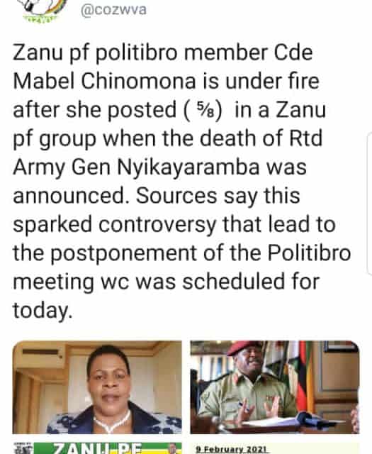Zanu PF’s Mabel Chinomona under fire for “5 out of 8” watch out Chiwenga, Sanyatwe Rugeje: COZWVA