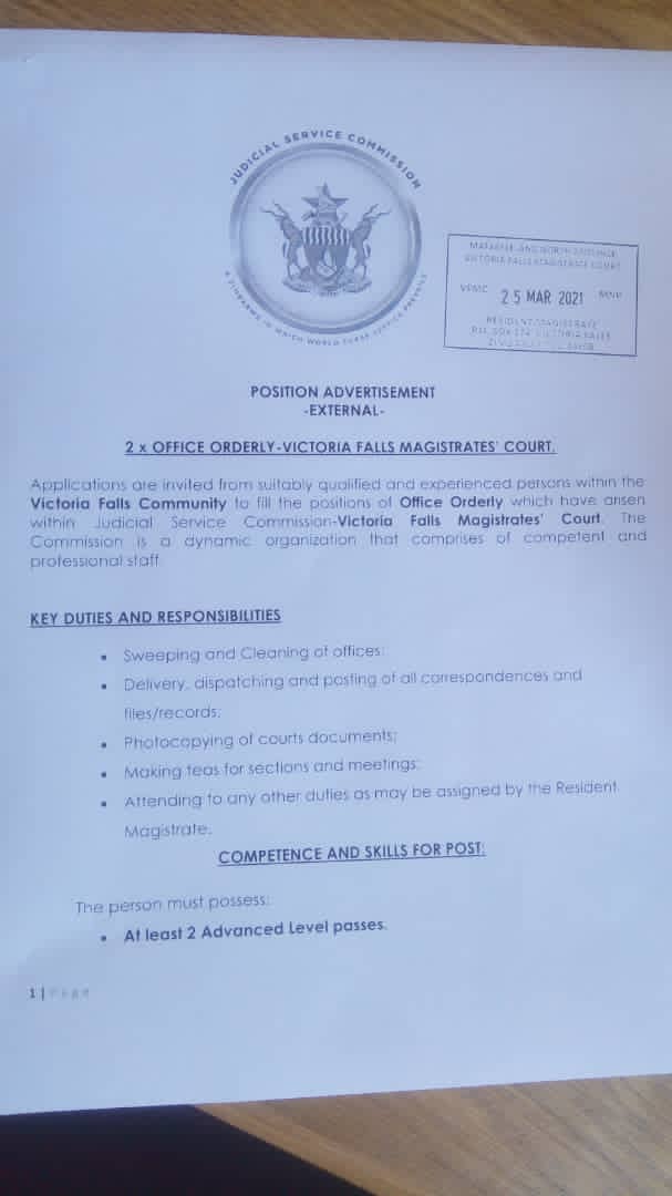 Job Advert: 2 A level passes to work as office cleaner, tea maker at Victoria Falls Magistrates’ Court, Zimbabwe