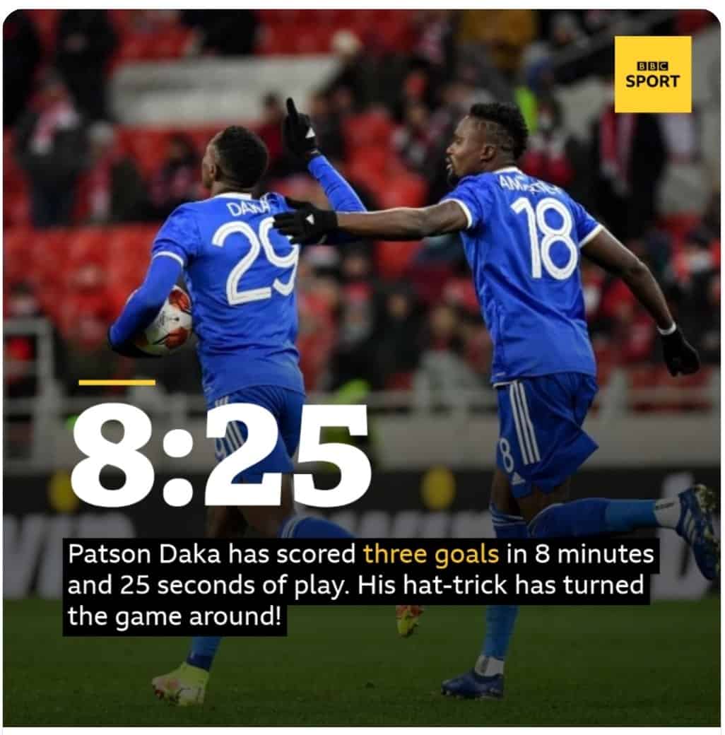 VIDEO: Patson Daka scores 4 goals in 33 minutes as Leicester win crucial UEFA match